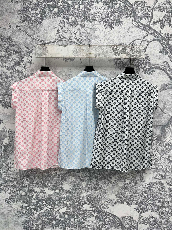 LV 25 Retro Hong Kong Small Flying Sleeve Shirt Pink Black Blue Viscose Rayon