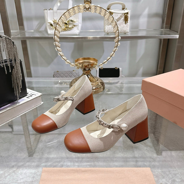 Miu 25C Mary Jane 75MM Beige Cream Mix Brown Fabric 235367