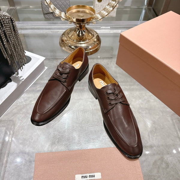Miu Distressed Loafers Brown Cowhide 592058