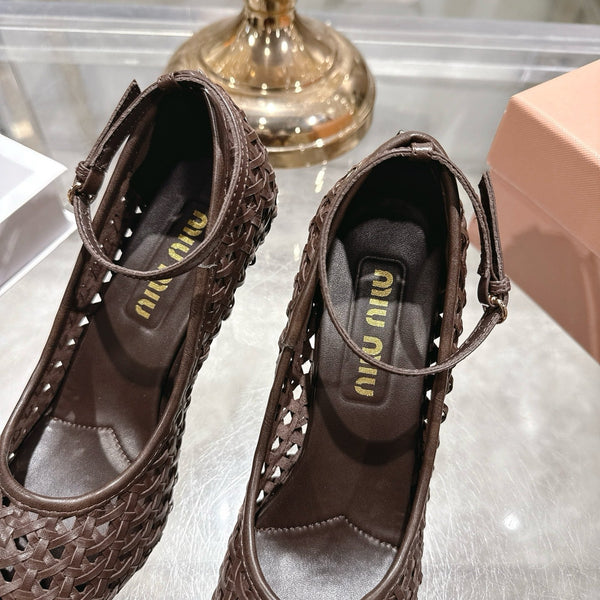 Miu 26s Strappy Pumps 7.5cm Chocolate Sheepskin 679776