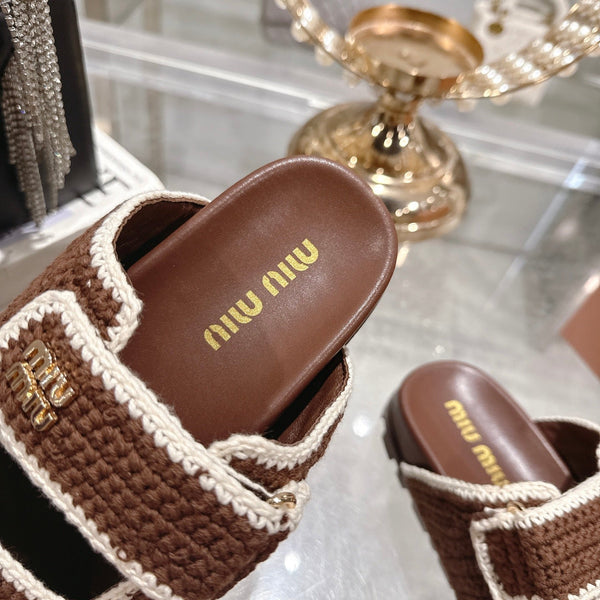 Miu Crochet Sandals Brown White Woven 751360