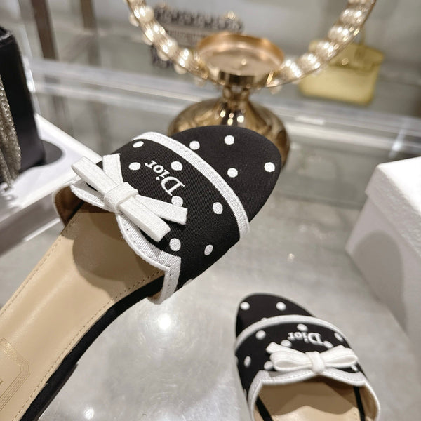 CD Dway Flat Sandal Polka Dior Black Motif Cotton Leather 951360