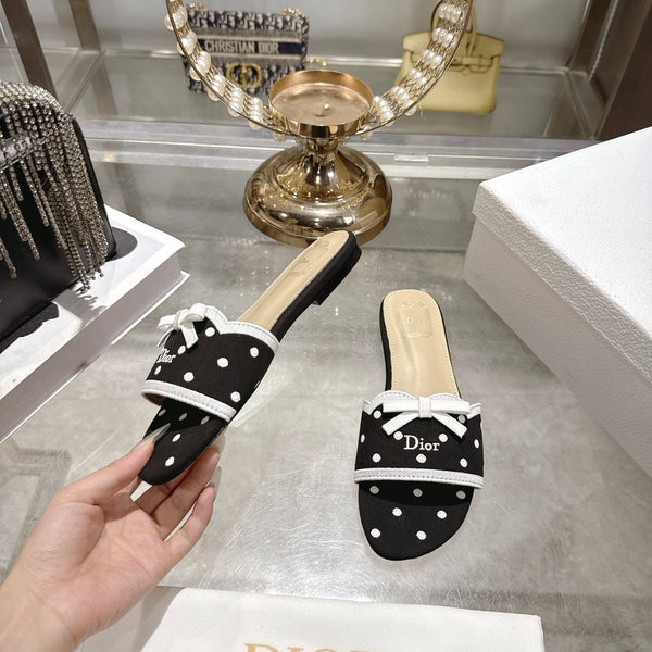 CD Dway Flat Sandal Polka Dior Black Motif Cotton Leather 951360