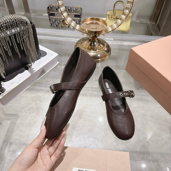 Miu Miu 2026 Round-Toe Ballet Flats Dark Brown Sheepskin 999627
