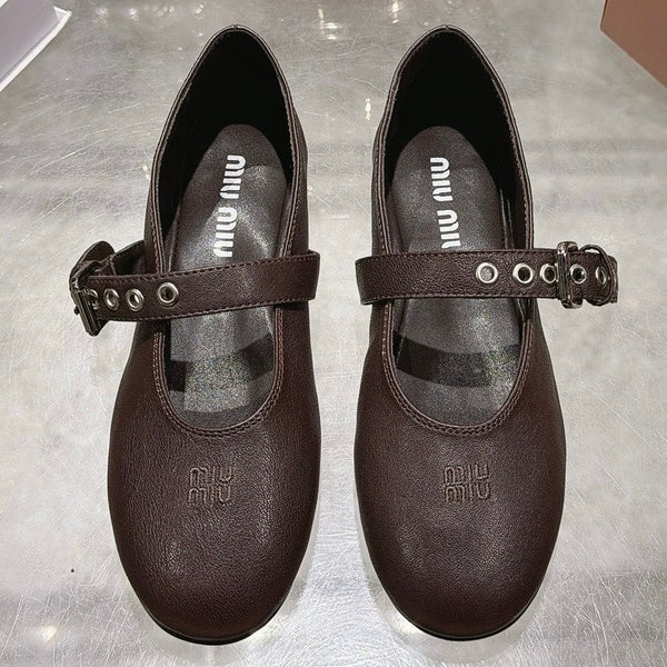 Miu Miu 2026 Round-Toe Ballet Flats Dark Brown Sheepskin 999627