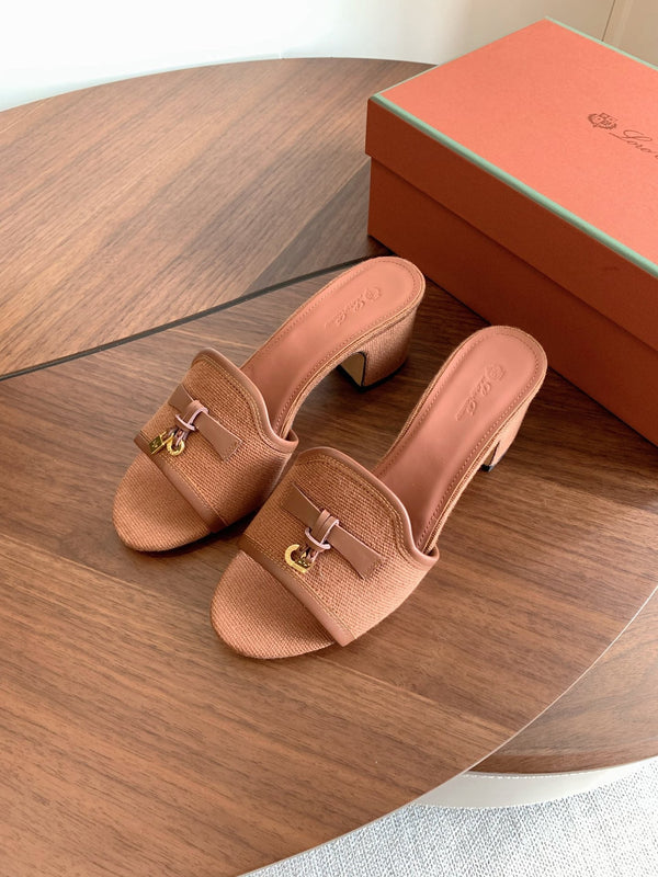 LP 26s Summer Mule Heels 60mm In Dusty Rose Brown Canvas & Calfskin