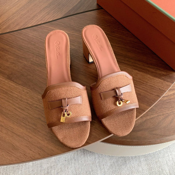 LP 26s Summer Mule Heels 60mm In Dusty Rose Brown Canvas & Calfskin
