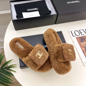 CC 25s Logo Slippers 50mm Brown Wool GHW 435263