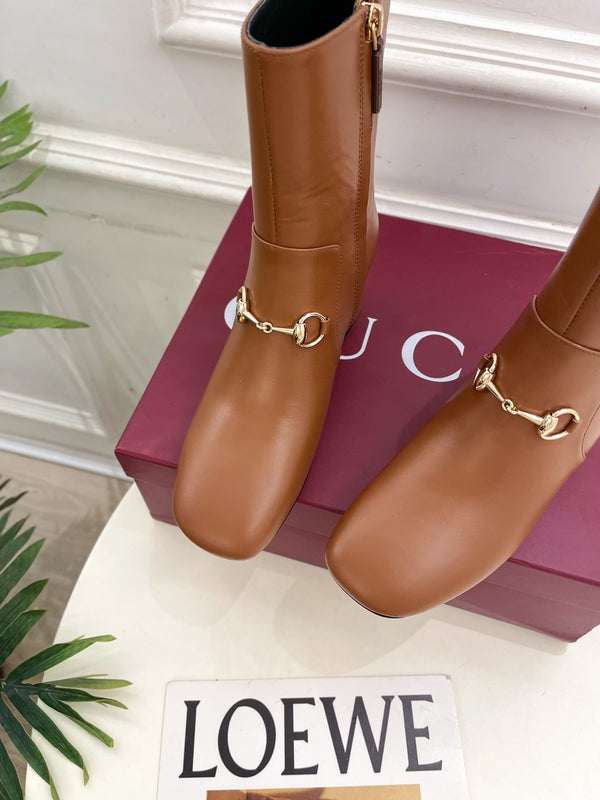 GG horsebit chunky heel ankle boots caramel brown calfskin 536059