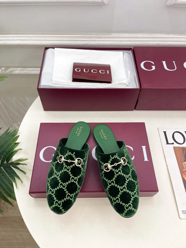 GG 26 Horsebit Flat Mules Rhinestones Dark Green Velvet 587082