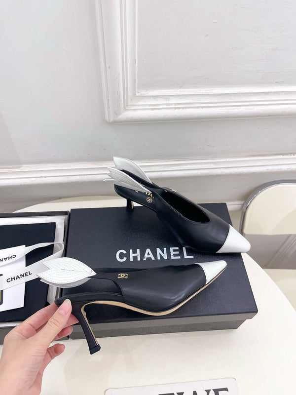 CC 26 SS Open-Back Sandals 7.5cm Black White Calfskin 586931