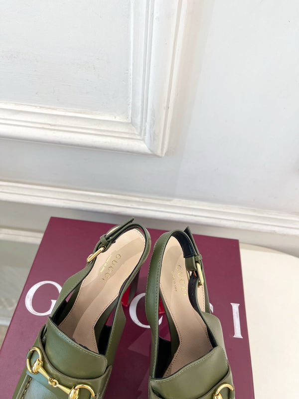 GG Horsebit Platform Loafer Slingback Olive Leather 640265