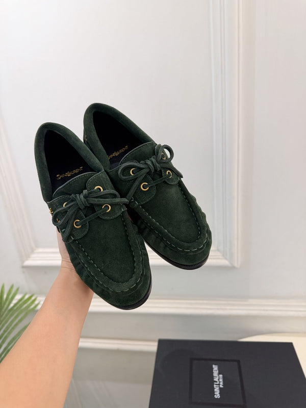 YSL Le Loafer Bateau Boat Shoes Dark Green Suede 112329