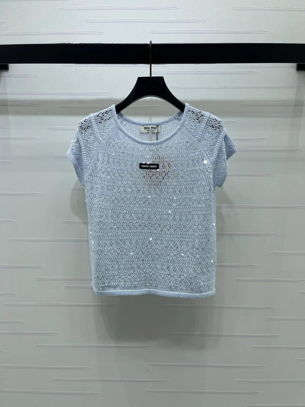 Miumiu 2026 Hollowed-out Knit Top Blue White Wool Polyester