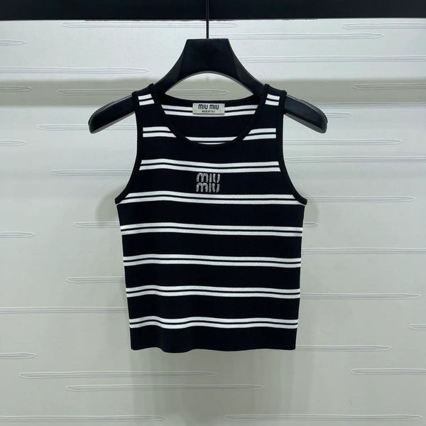 Miumiu 2026 Crew Neck Striped Knit Vest Black and White Wool 352631