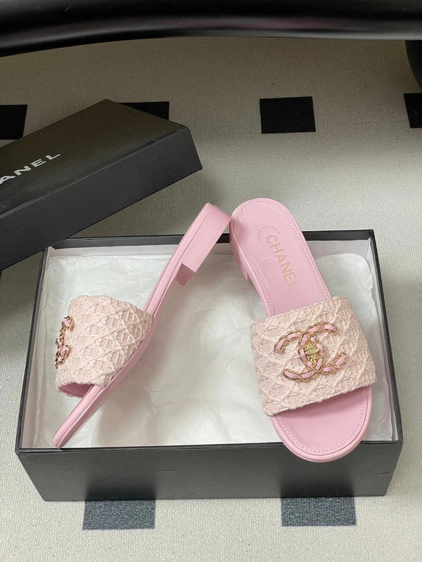 CC 26s Flat Slippers Pink Fabric Sheepskin 649488