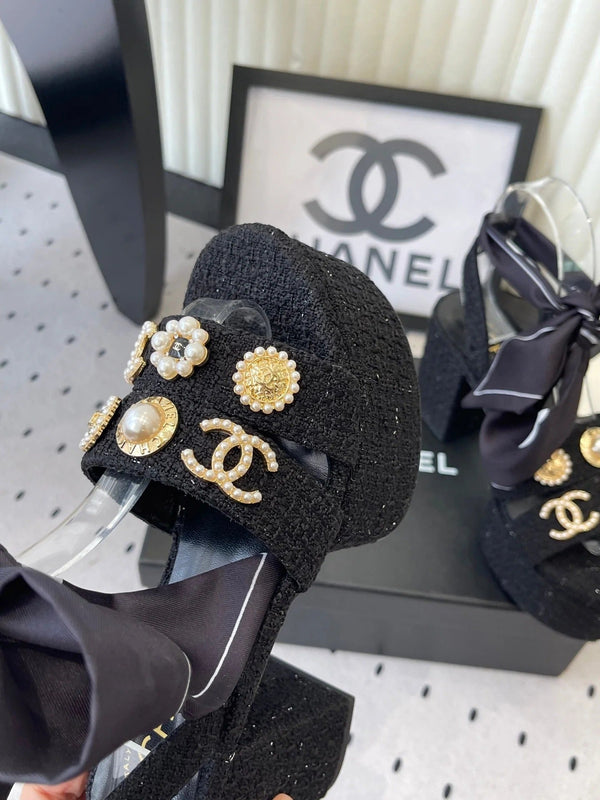 CC 26s Platform Sandals 75 Black Tweed Mixed Gold Charm 650088