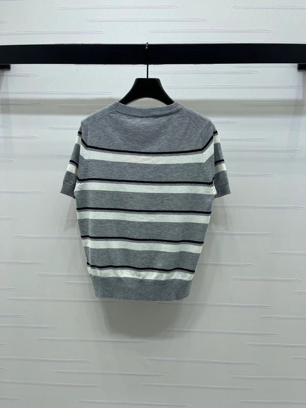 Miumiu 2026 Crew Neck Striped Short-sleeved Knit Top Gray Cotton 352436