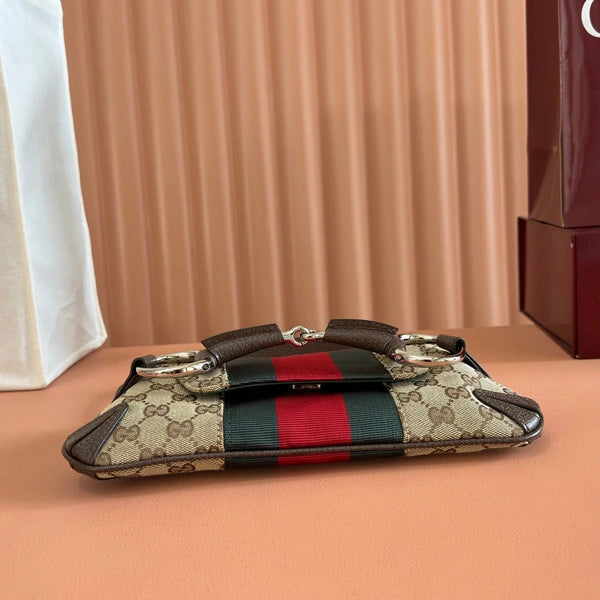 GG 2026 Horsebit Chain Shoulder Bag 27cm Beige Red Green Canvas Leather