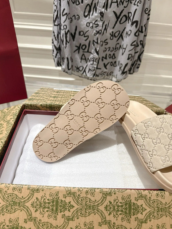 GG SLIDES IN NUDE BEIGE SUEDE WITH EMBOSSED LOGO STYLE 2