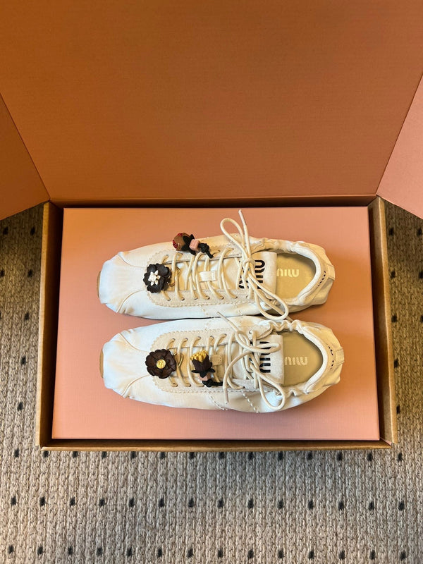 Miu Miu 2026 Plume Sneaker With Floral Charm White Satin 621346