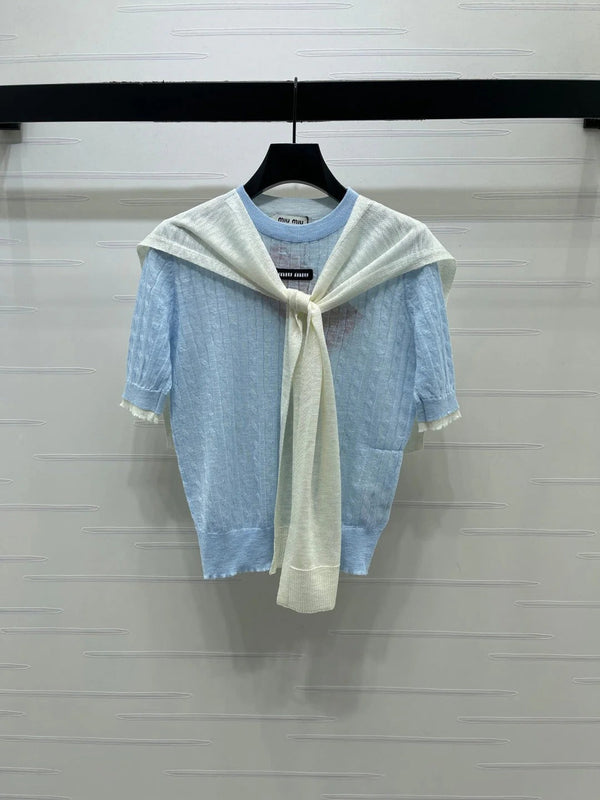 Miu 2026 Shawl Striped Knit Short Sleeve Tencel 397433
