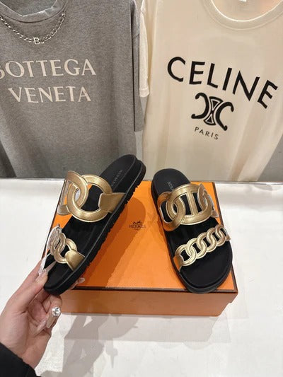 HM 26ss Sandals Black Gold Metallic Cowhide 641274