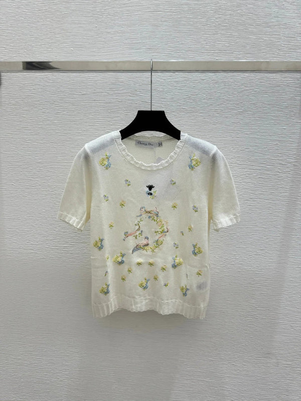 CD 2026 Floral Embroidered Knit Short-sleeved Top Wool 392593