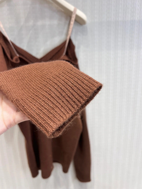 Miumiu 2026 Off-Shoulder Camisole Cardigan Caramel Cashmere 356940