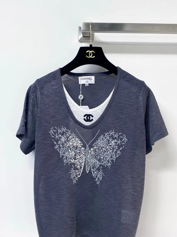 CC 2026 Navy Short-Sleeved Shirt Butterfly Graphic Wool 358851