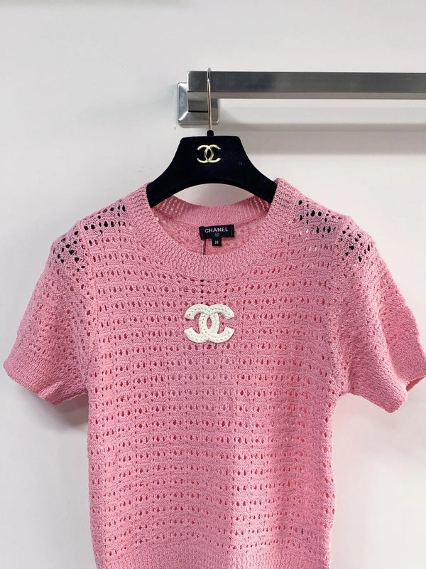 Chanel 2026 Hollow Short-Sleeve Shirt Pink Black White Wool Cashmere