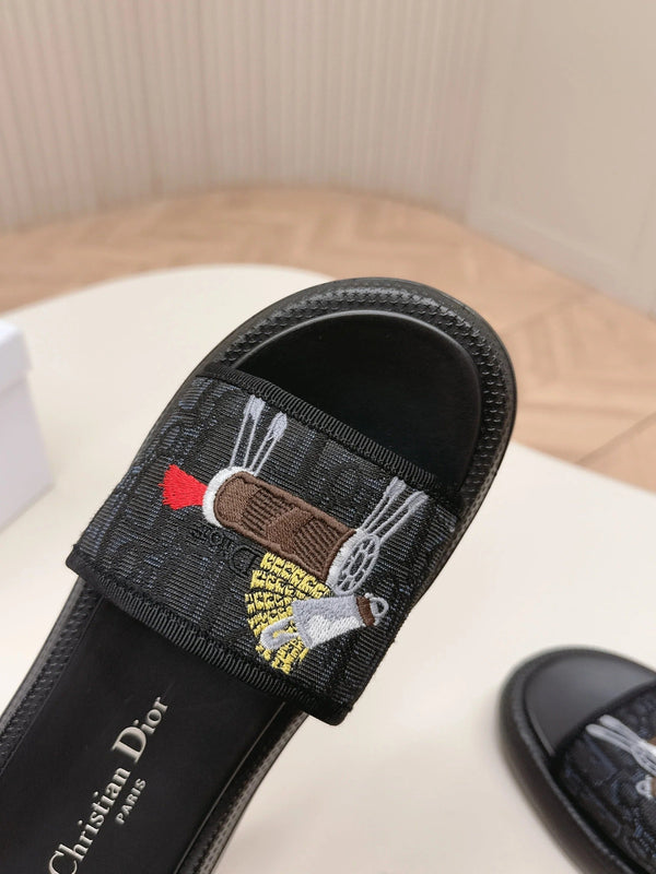 CD 26s Slippers Black Canvas Lambskin 643805