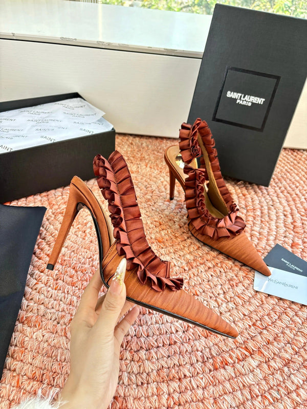 YSL 26ss Slingback Camel Brown Silk Leather 648841