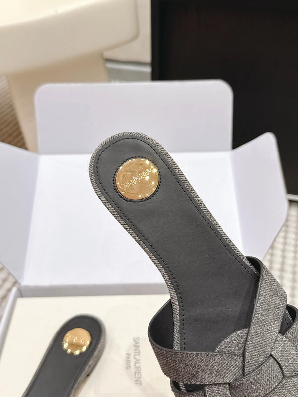YSL 26ss Flat Slippers Dark Gray Denim Leather 654728