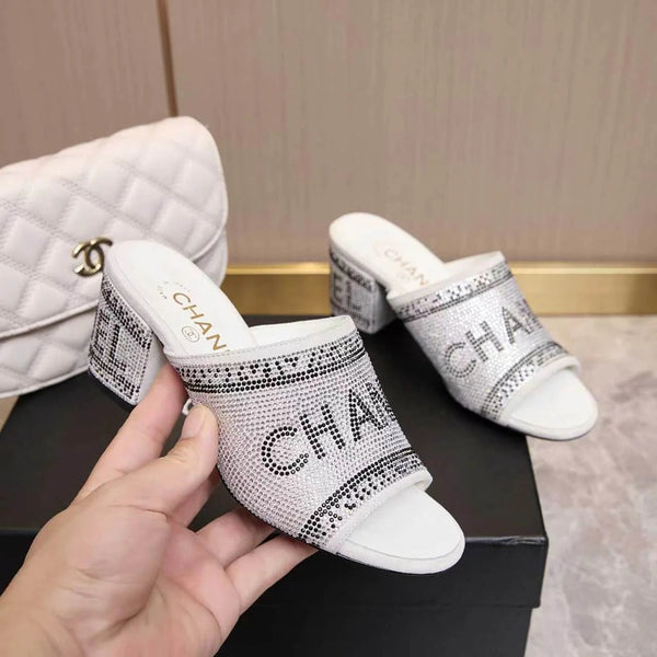 CC 2026 Rhinestone Mules Block Heel And Lettered Design Leather 778400