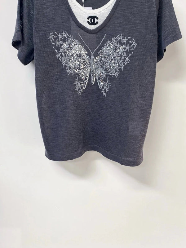 CC 2026 Navy Short-Sleeved Shirt Butterfly Graphic Wool 358851