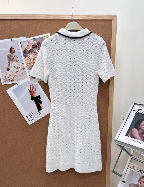CC 2026 Polo Collar Openwork Knit Dress White Cotton 434950
