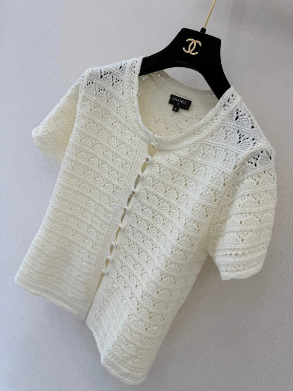 Chanel 2026 Crew Neck Short-sleeved Cardigan Cream Cotton Linen 394769