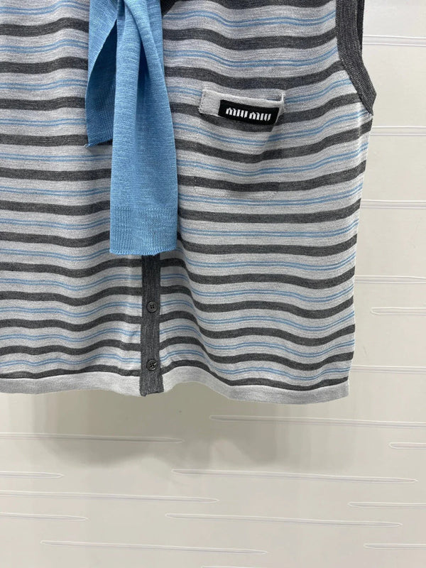 Miu 2026 V-neck Striped Knit Vest Blue Grey Wool 397412