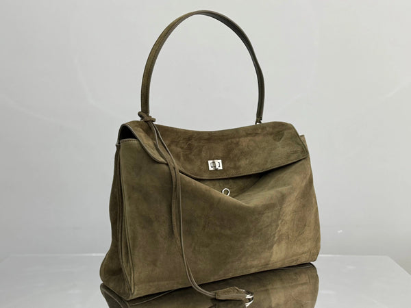 Balenciaga Medium Bag 35 Olive Green Suede Sliver Hardware