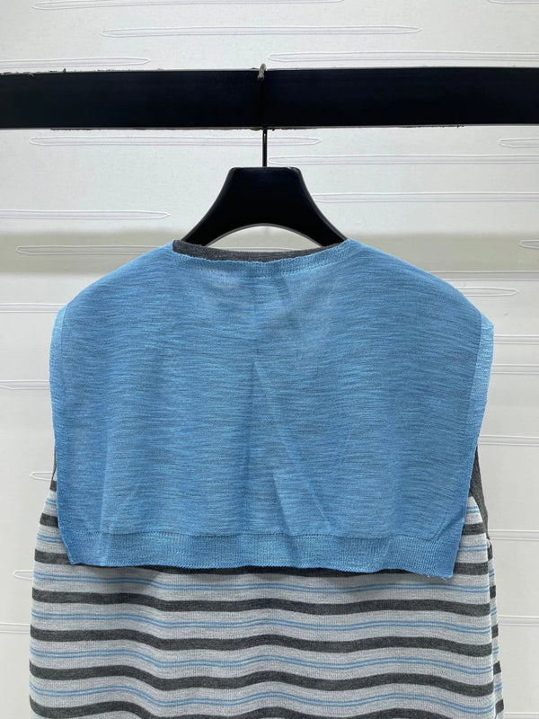 Miu 2026 V-neck Striped Knit Vest Blue Grey Wool 397412