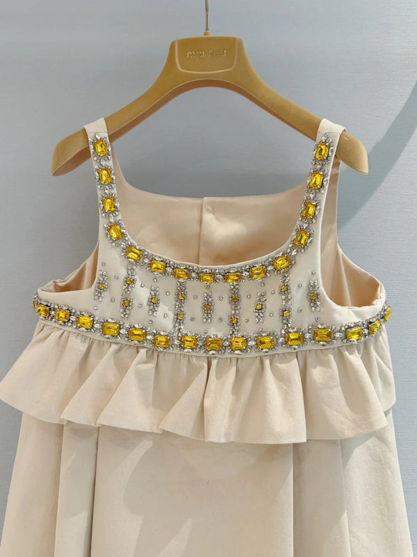 Miu 2026 Diamond-Embellished Dress Beige Cotton 444928