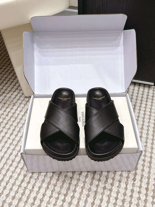 YSL 26ss Platform Slippers Black Sheepskin 663213
