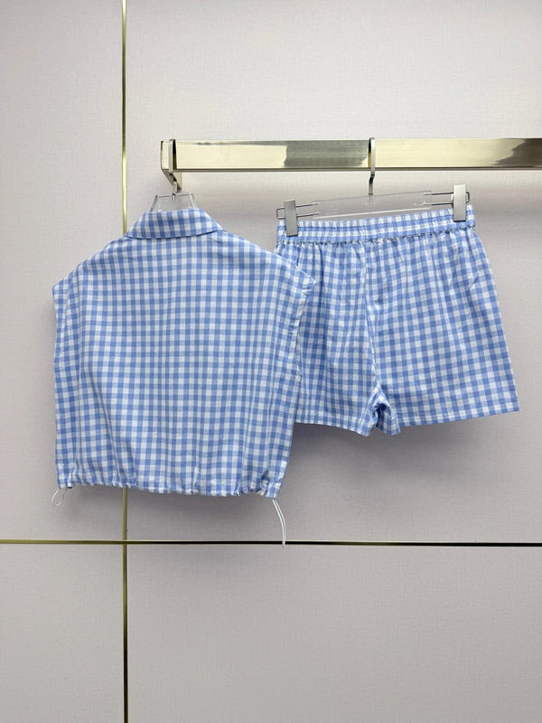 Prad 2026 Plaid Top With Short Blue White Cotton 393519