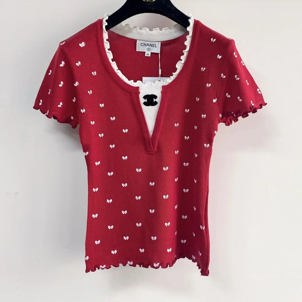Chanel 2026 V-neckline With Scalloped Trim Shirt White and Red Wool