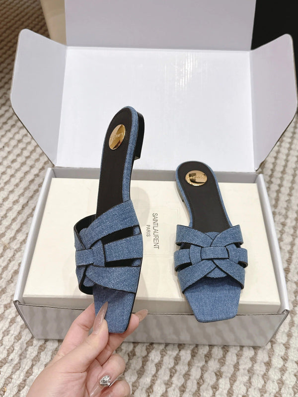 YSL 26ss Flat Slippers Blue Denim Leather 654727
