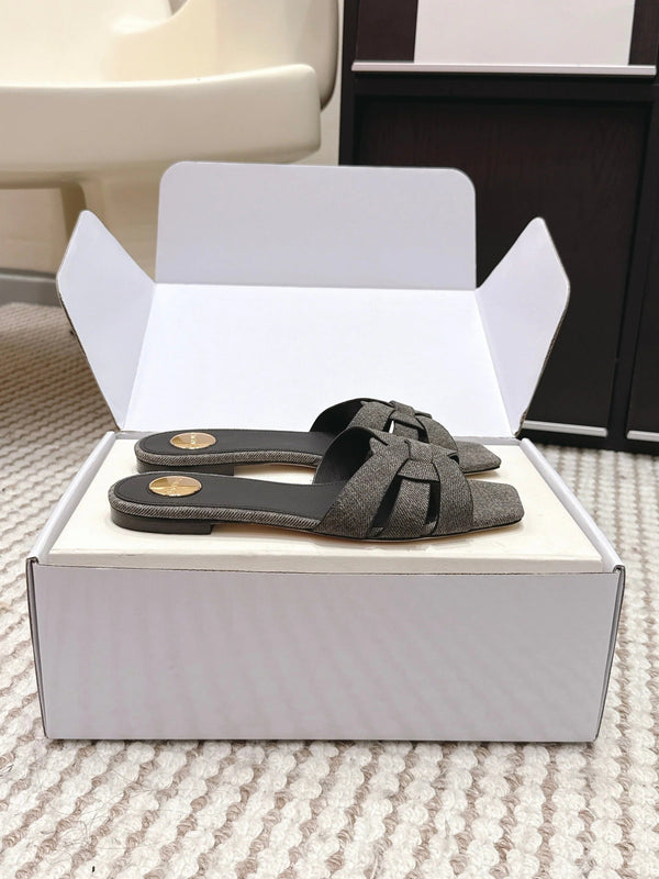 YSL 26ss Flat Slippers Dark Gray Denim Leather 654728