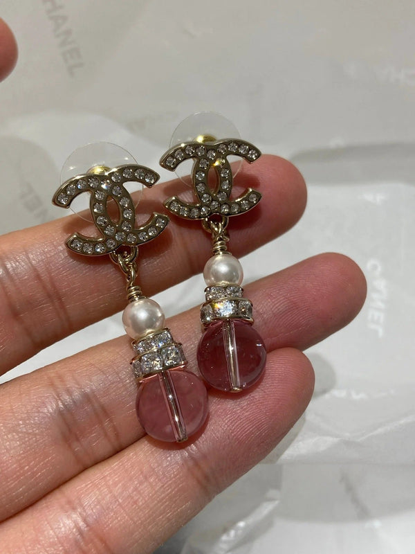 CC Pink Crystal Gold Pearl Earrings