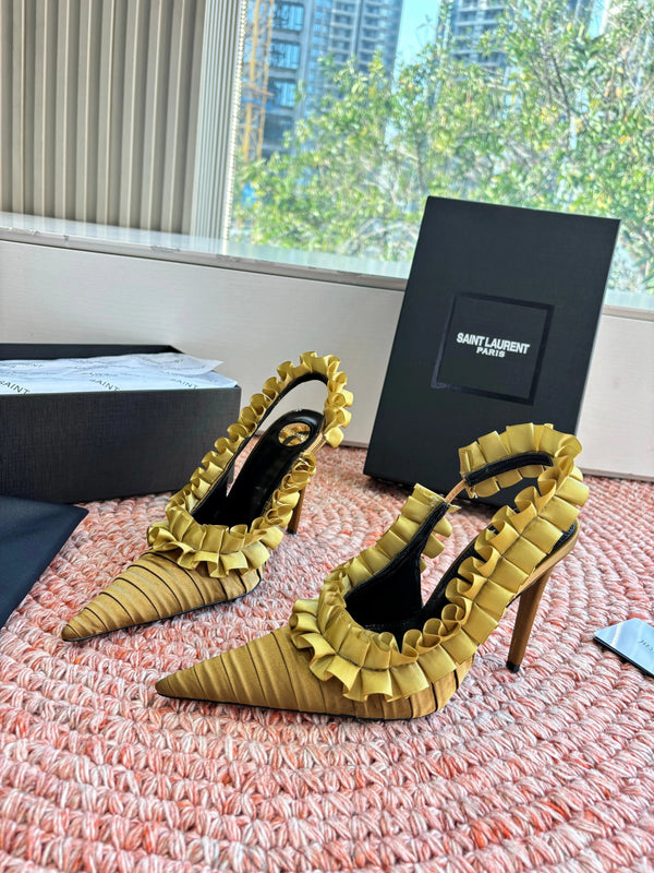 YSL 26ss Slingback Shiny Gold Silk Leather 648839
