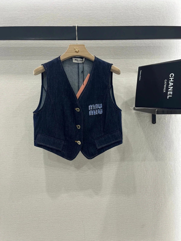 MIUMIU V-NECK BLAZER AND WIDE-LEG PANTS IN BLUE DENIM